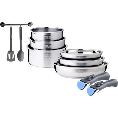 Batterie De Cuisine Induction - Arthur Martin - Am2238 - Acier Inoxydable - 10 Pièces - Poignée Amovible - Tous Feux Dont Induction