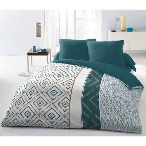 Parure De Couette Microfibre Ethno 220x240cm Et 2 Taies D'oreillers 63x63cm Bleu Canard