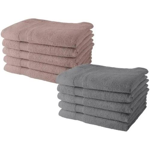 Lot De 10 Serviettes De Toilette Today 50x90 Cm 100% Coton - 5 Roses Des Sables + 5 Acier