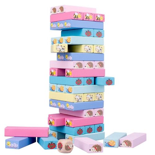 Jeu éducatif Montessori pour enfants, 51 pièces, jouets en bois, mini pile, blocs de construction, tour, animal, macaron, domino