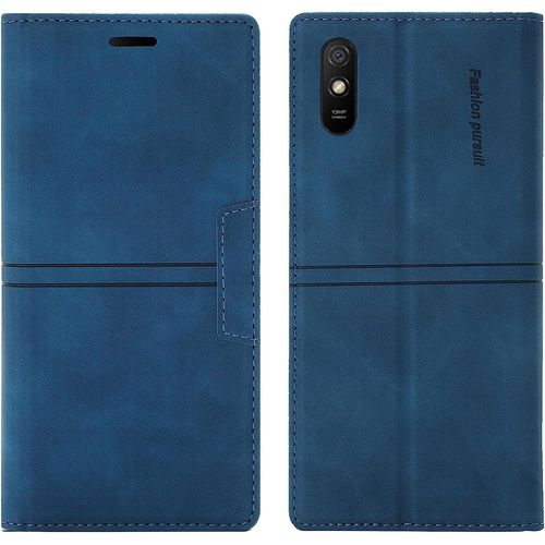 Coque Xiaomi Redmi 9a/Redmi 9at/Redmi 9i, Protection Etui [Magntique] Tpu Antichoc Housse Cuir Premium En Cuir Pu [Fentes Pour Cartes] [Etui Rabat] [Pochette De Portefeuille] (Bleu)