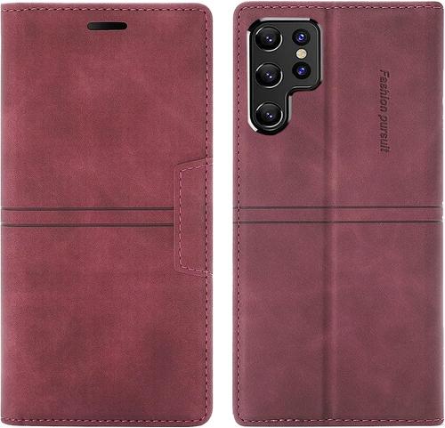 Coque Samsung Galaxy S22 Ultra, Etui Samsung S22 Ultra [Magntique] Tpu Antichoc Housse Cuir Pour Samsung S22 Ultra [Fentes Pour Cartes] [Etui Rabat] Flip Case Pour Samsung S22 Ultra (Rouge)