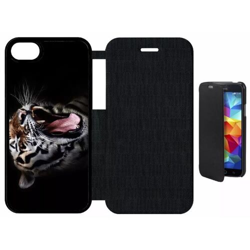 Etui Flip Flap Iphone 7 - Tete De Tigre Sauvage - Simili-Cuir - Noir