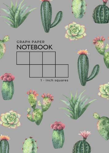 Graph Paper Notebook 1 Inch Squares: A4 Composition Book Quad Ruled For Math / Kids Handwriting Workbook | Cacti Succulent Plant Design Gray