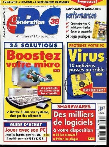Generation Pc N°38 - Juillet / Aout 1996 - Protegez Votre Pc : 10 Antivirus Passes Au Crible / Boostez Votre Micro / Sharewares : Des Milliers De Logiciels A Votre Disposition / Windows Et ...