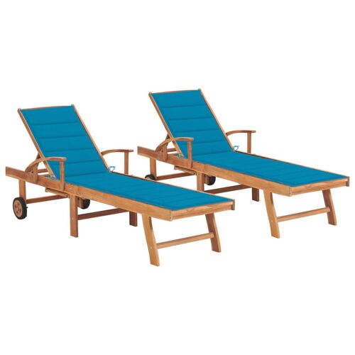 Lot De 2 Transats Chaise Longue Bain De Soleil Lit De Jardin Terrasse Meuble D'extérieur Avec Coussin Bleu Bois De Teck Solide Helloshop26 02_0012027