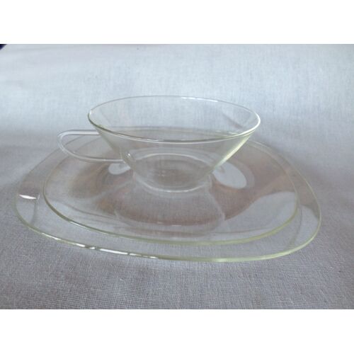 Lot De 6 Tasse À Thé + Soucoupes + Petites Assiettes Schott Mainz Jenaer Verre Wagenfeld Löffelhardt Bauhaus