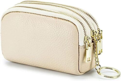 3 porte-monnaie en cuir véritable à fermeture éclair (blanc) avec trois fois plus de capacité, sac remplaçable, petit portefeuille de voyage pour femme avec porte-clés