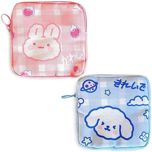 2 pièces portable dessin animé animal serviette hygiénique serviette boîte de rangement (rose + bleu) organisateur de serviette hygiénique femme sac hygiénique femme adolescente femme sac menstruel