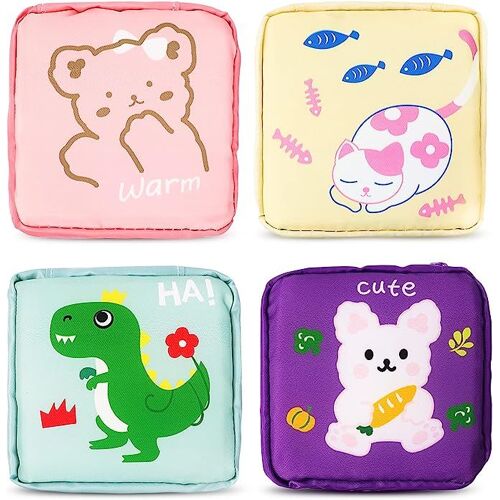 Sac de rangement pour serviettes hygiéniques 4 pièces (chat), sac de rangement portable pour serviettes hygiéniques, lot de 4 sacs réutilisables pour coupe menstruelle avec fermeture éclair, 12 * 12 c