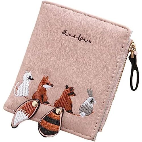 Petit portefeuille pour femmes avec broderie d'animaux mignons (rose), petit portefeuille pour cartes pour femmes, petit portefeuille pour femmes, pliant mignon motif de broderie d'animaux porte-monna