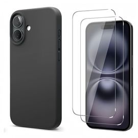 Hqselection® Coque Noir Mat En Silicone Souple Pour Iphone 16 (6,1 Pouces) + 2 Verre Trempé Film Protection Écran - Anti Rayures - Ultra Résistant Dureté 9h