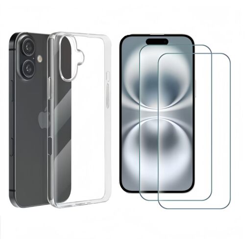 HQSELECTION® Coque pour iPhone 16 Plus (6,7 Pouces) Transparente Silicone en Gel TPU Souple + 2 Verre trempé Film Protection écran - Anti Rayures - Ultra Résistant Dureté 9H