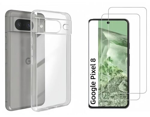 HQSELECTION® Coque pour Google Pixel 8 Transparente Silicone en Gel TPU Souple + 2 Verre trempé Film Protection écran - Anti Rayures - Ultra Résistant Dureté 9H