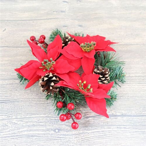 Couronne De Fleurs De Noël En Pvc, Aiguille De Pin, Cône De Pin, Ornement De Bougies, Anneau De Baies, Porte-Bougie