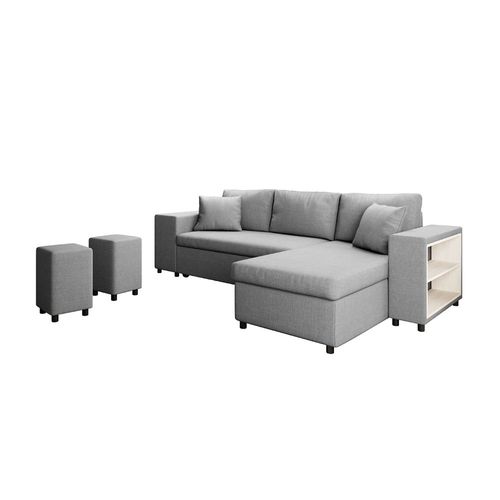 Canapé D'angle Mady Convertible Avec Coffre, Accoudoir Étagère Et Poufs En Tissu - Gris Clair, Position