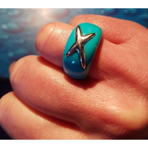 Ysora - Bague Anneau En Jade Bleu Turquoise Avec Étoile En Argent T54