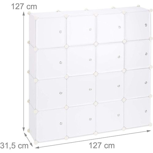 Étagère Rangement 16 Casiers Portes Modulable Assemblage Plug In Bibliothèque Plastique 127 Cm Blanc 13_0