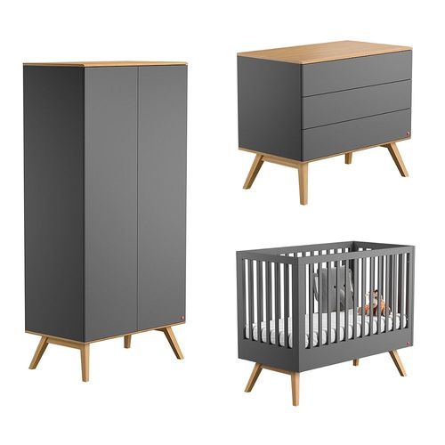 Chambre Complète Lit Bébé - Commode À Langer - Armoire 2 Portes Vox Nature - Gris