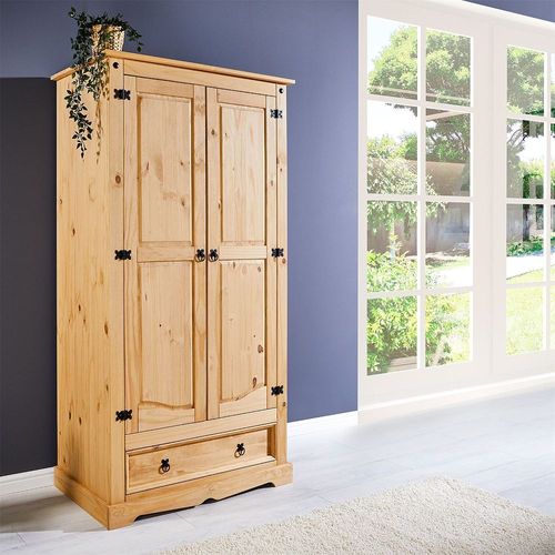 Armoire Tequila Penderie Pour Vêtements Style Mexicain Avec 2 Portes 1 Étagère 1 Tiroir, En Pin Massif Finition Teintée/Cirée