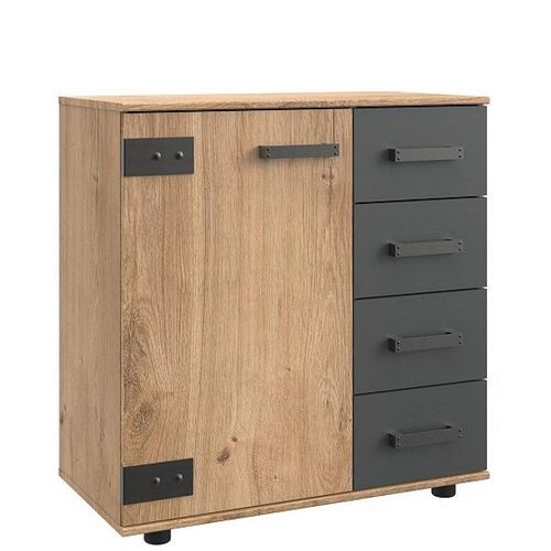 Commode Buffet Vernon Style Industriel 4 Tiroirs Graphite 1 Porte Chêne Poutre