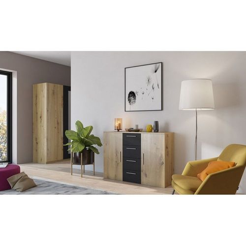 Commode 2 Portes Et 4 Tiroirs 130cm. Collection Irina Imitation Chêne Clair Et Noir.