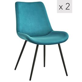 Lot De 2 Chaises De Salle A Manger Scandinaves Pieds Metal Noir Velours Bleu Canard - Nordlys