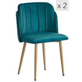 Lot De 2 Chaises De Salle A Manger Scandinaves Pieds Metal Effet Bois Velours Bleu Canard - Nordlys