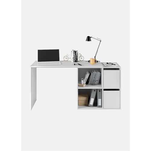 Bureau modulable avec quatre étagères basses dont deux fermées par deux portes battantes avec possibilité