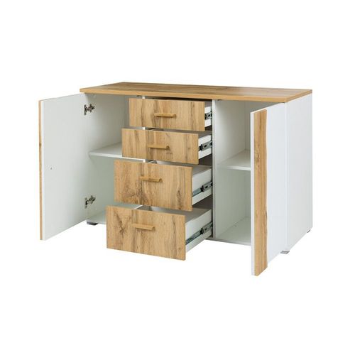 Commode Wood. Coloris Chêne Et Blanc. Meuble Design, Idéal Pour Votre Chambre