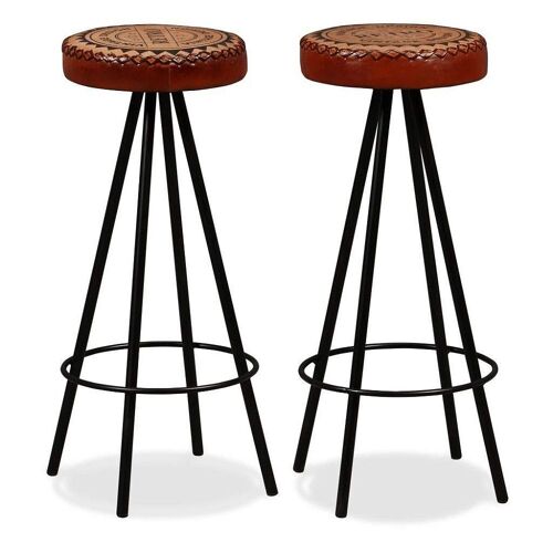 Lot de deux tabourets de bar design chaise siège cuir véritable et toile marron 1202167