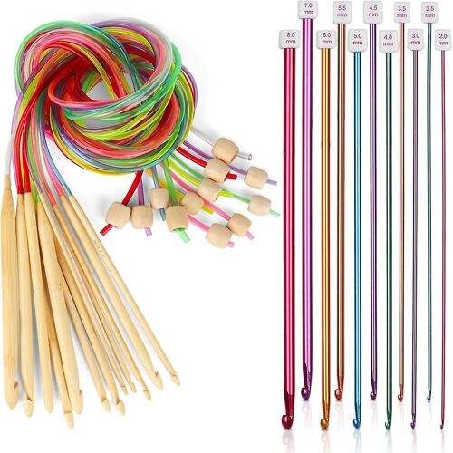 Ensemble De Crochets Tunisiens De 23 Pièces, Crochets Longs En Aluminium De 11 Pièces 2,0-8,0 Mm Et Crochets Tunisiens En Bambou De 12 Pièces
