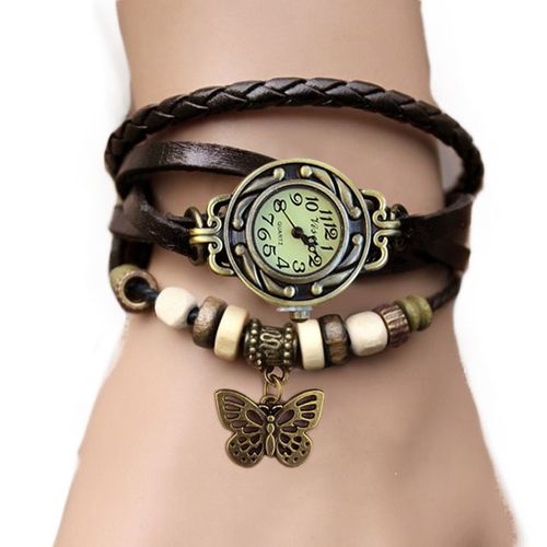 Ge Ge Femmes Cuir Bracelet Bracelet Rétro Pendentif Papillon Weave Wrap Quartz (Collee)