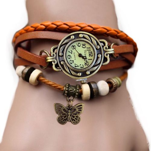 Ge Ge Femmes Cuir Bracelet Bracelet Rétro Pendentif Papillon Weave Wrap Quartz (Orange)