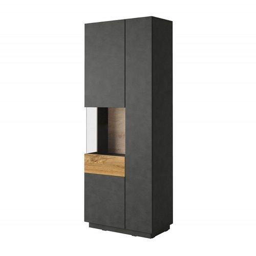 Vitrine, Bibliothèque, Vaisselier Kiles Coloris Gris Anthracite Et Chêne. Modèle Vitrine Gauche. Led Inté