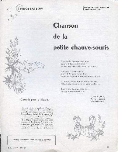 Récitation Chanson De La Petite Chauve Souris Extrait Du D.C. N° 149 Du 27-2-64