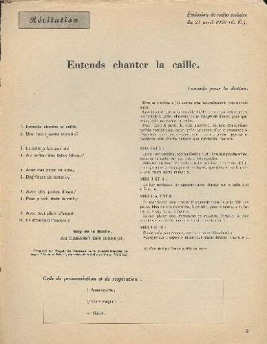Récitation Entends Chanter La Caille