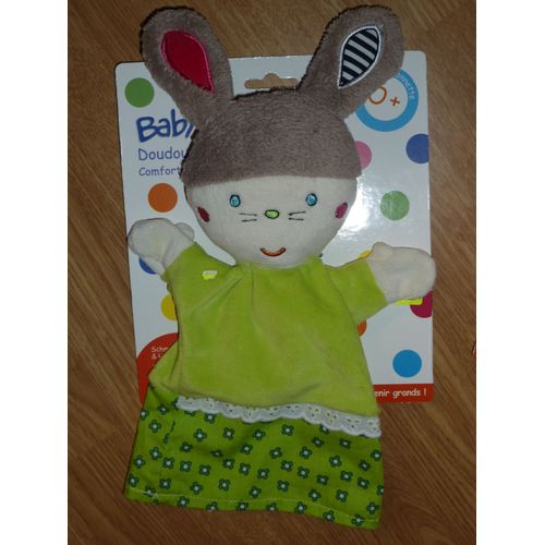 Doudou Lapin Rabbit Bunny Lièvre Poupée Tissu Velour Marionnette Baby Sun Babysun Vert Robe Verte Schmusetuch Dentizione Handpuppe Knuffel  Éveil Baby Sun