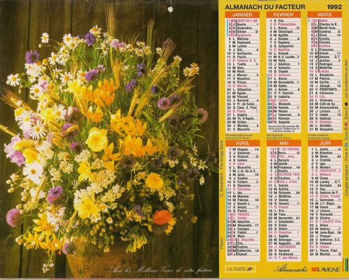 Calendrier Almanach Des Ptt Annee 1992 : Bouquet De Fleurs Des Champs
