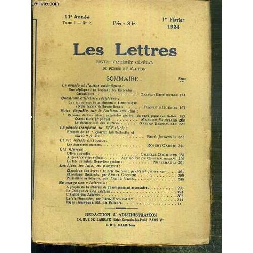 Les Lettres - N° 2 - Tome I - 1er Fevrier 1924 -  Notre Enquete Sur Le Nationalisme (Fin) Reponse De Don Struzo, Secretaire General Du Parti Populaire Italien - L'eve Nouvelle Par Charles ...