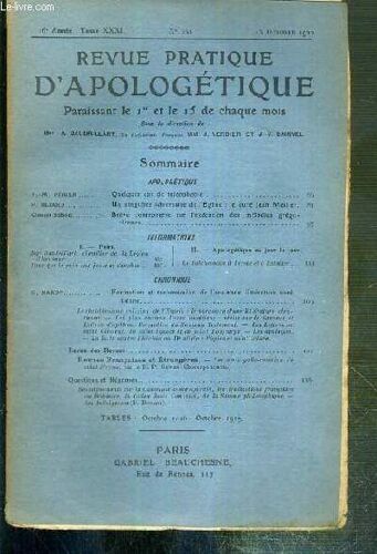 Revue Pratique D'apologetique - N° 353 - 15 Octobre 1920  - Quelques Cas De Teleophobie Par P.-M Perier, Un Singulier Adversaire De L'eglise: Le Curé Jean Meslier Par P. Bliard - Breve ...