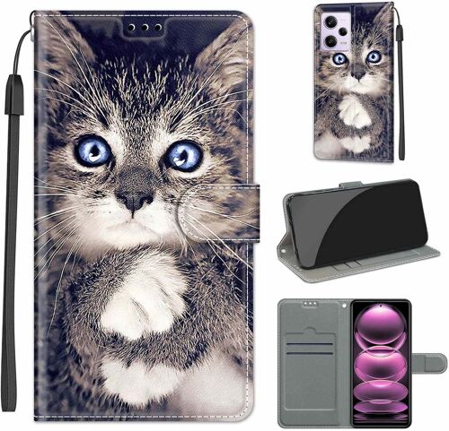 Coque Compatible Pour Xiaomi Redmi Note 12 Pro 5g Etui Silicone Pu Cuir Magnetique Clapet A Rabat Support Motif Dr?Le Avec Cordon Portefeuille Kickstand Bumper Housse Cover, Chat