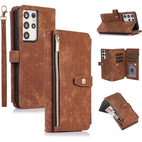 Tui Pour Samsung Galaxy S23 Ultra, Portefeuille Cuir Pu Rtro Rabat Antichoc Housse Avec Dragonne Fentes Cartes Fonction Support Fermeture Magntique Protection Complte - Vintage Brun