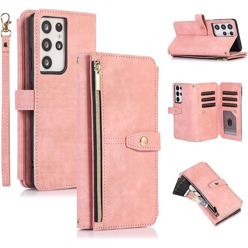 Tui Pour Samsung Galaxy S23 Ultra, Portefeuille Cuir Pu Rtro Rabat Antichoc Housse Avec Dragonne Fentes Cartes Fonction Support Fermeture Magntique Protection Complte - Vintage Or Rose