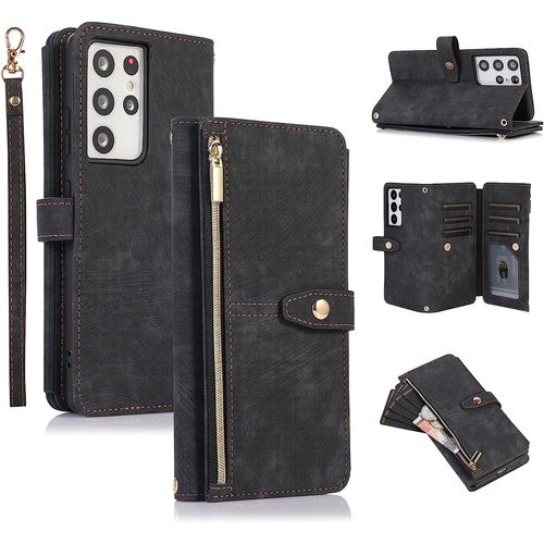Tui Pour Samsung Galaxy S23 Ultra, Portefeuille Cuir Pu Rtro Rabat Antichoc Housse Avec Dragonne Fentes Cartes Fonction Support Fermeture Magntique Protection Complte - Vintage Noir