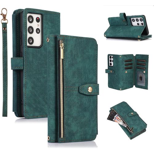 Tui Pour Samsung Galaxy S23 Ultra, Portefeuille Cuir Pu Rtro Rabat Antichoc Housse Avec Dragonne Fentes Cartes Fonction Support Fermeture Magntique Protection Complte - Vintage Vert