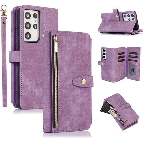 Tui Pour Samsung Galaxy S23 Ultra, Portefeuille Cuir Pu Rtro Rabat Antichoc Housse Avec Dragonne Fentes Cartes Fonction Support Fermeture Magntique Protection Complte - Vintage Violet