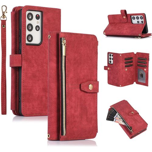 Tui Pour Samsung Galaxy S23 Ultra, Portefeuille Cuir Pu Rtro Rabat Antichoc Housse Avec Dragonne Fentes Cartes Fonction Support Fermeture Magntique Protection Complte - Vintage Rouge