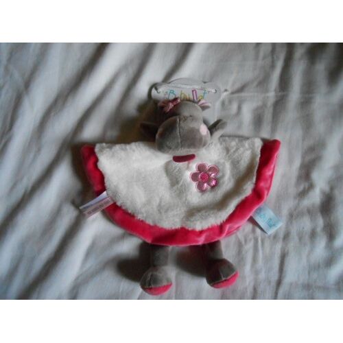 Doudou Babynat Baby Nat Bn0368 Bn 0368 Zoe Hippo Hippopotame Blanc Rose Fushia Noeud Demi Rond Fleur
