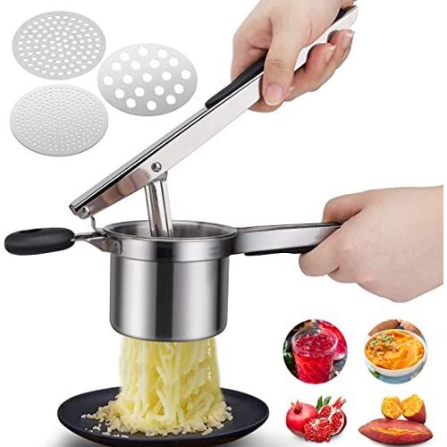 Presse-Purée,Presse Purée Manuel À Pommes De Terre Avec 3 Disques Interchangeables, Professionnel Presse Purée Manuel En Acier Inoxydable, Idéal Pour Fruits, Légumes, Aliments Pour Bébés